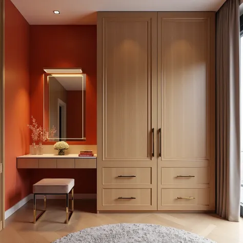 A custom wardrobe and vanity table showcase a modern, elegant design that complements the backdrop seamlessly. The wardrobe features sleek panel doors with soft-closing mechanisms, built-in LED lighting, and hidden storage, blending style and functionality...