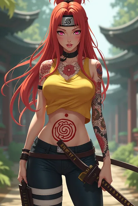 Naruto world,woman, ginger hair , pink eyes, red tattos, Sealing Spirall tattoo in belly, Yellow t-shirt top ,fishnet undeeshirt, leggings, Hitai-ate, wields katana