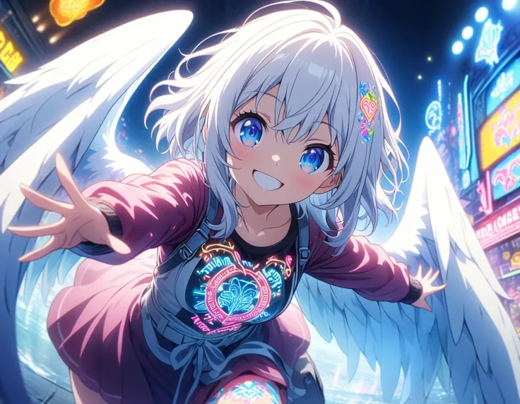  Masterpiece,  top quality ,  High Definition CG Unity 8K Wallpaper ,  One Girl ,  Anime Screenshots, Neon tattoo all over body , Big wings of neon lights,  best smile ,  depth of field, White Hair,  blue eyes,  fisheye lens、 happy、happiness、cute、