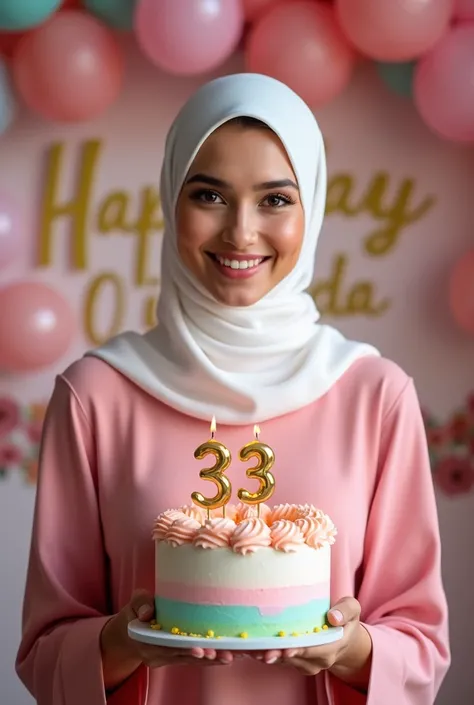  A beautiful woman wearing a white hijab and pink dres is holding a birthday cake with candle number 33 , background says happy birthday ikke . 