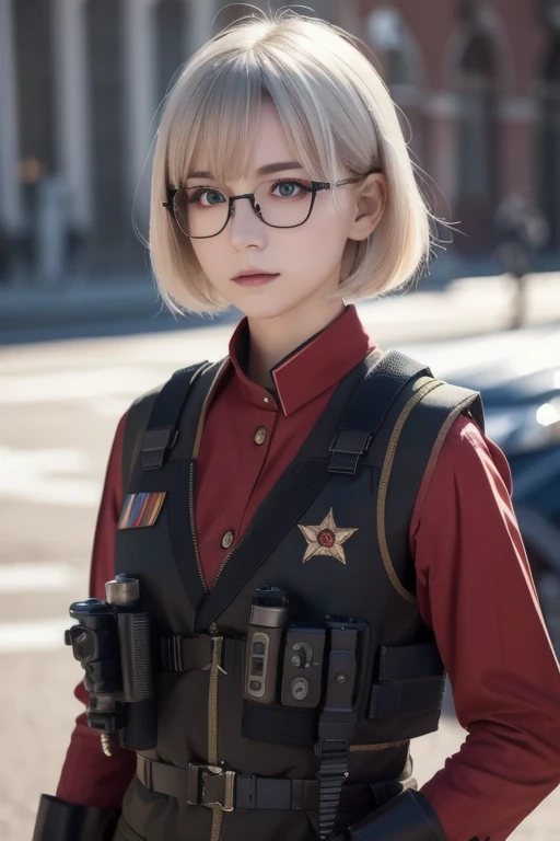 masterpiece ,  girl, On the battlefield, ( Short white hair:1.2), ( red eyes:1.2), ( Russian military uniform:1.2), ( staring at the viewer:1.2) , (8k,  最 High Quality  1.2),  Ultra Detailed ,  8K Ultra HD ,  soft lighting ,  High Quality ,  film grain,  b...