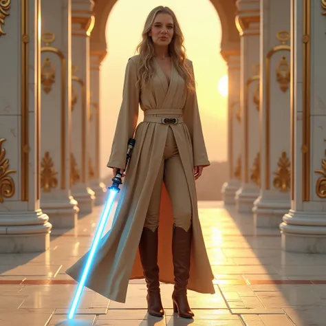  Use this image and create a woman with the same face . (( realistic ))  She wears tan and brown Jedi robes . Wear tan leggings .  Wear brown knee-length boots .  She wears a white belt .  Wear a blue single-leaf lightsaber.  She is standing in the middle ...