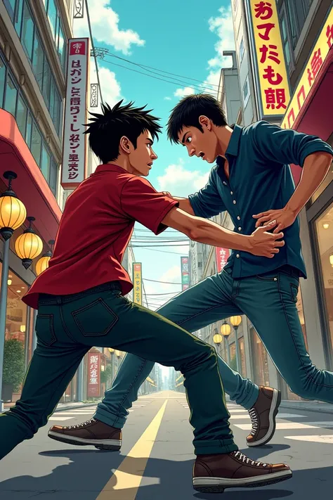 Style manga, un adolescent de 16 ans se bat avec un individu dans la rue japonaise, à Tokyo. Action. 