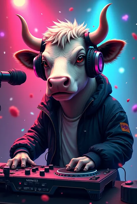 cow dj in a black jacket with headphones and a microphone, an album cover inspired by Jacob Duck, trending on Artstation, furry art, cow in real life, profile picture 1024px, smug look, subject= duck, penguinz0, official artwork, cow, robot cow concept por...