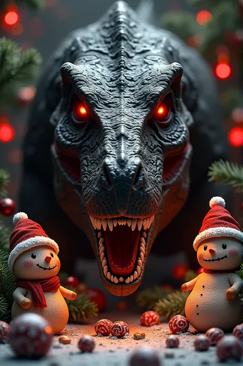 Black Rex logo , Ojos rojos,  with the name Ancient Kings under the logo,  decorated with small dinosaurs ,  with Christmas hats ,  Christmas candy and snowmen  