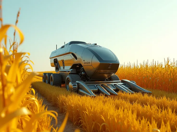 Futuristic Harvester Harvesting Yellow Corn 