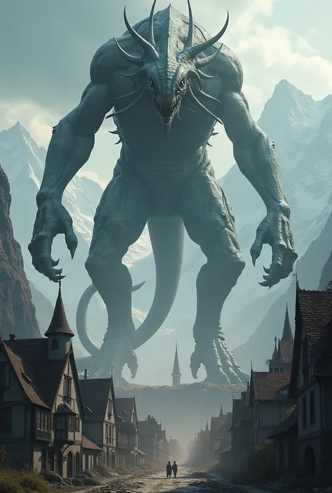 A huge monster colossus above the mountains, a creature with 4 long, thin legs and a huge winding neck with a long winding tail tramples on a medieval city.