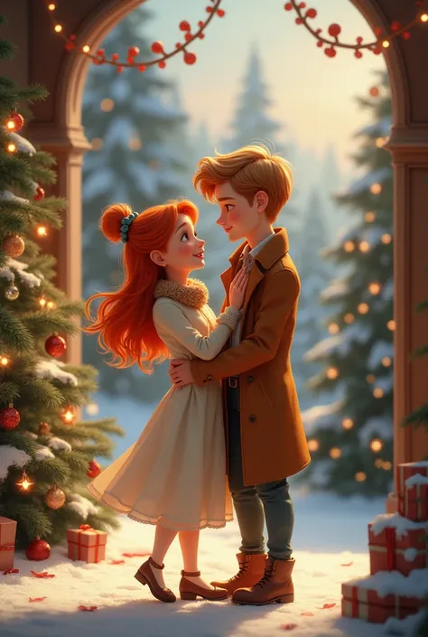 Give me a Disneylike image of a couple where the girl is a redheaded girl with a white and small laugh and the boy is tall light brown and thin with a Christmas tree in the background 