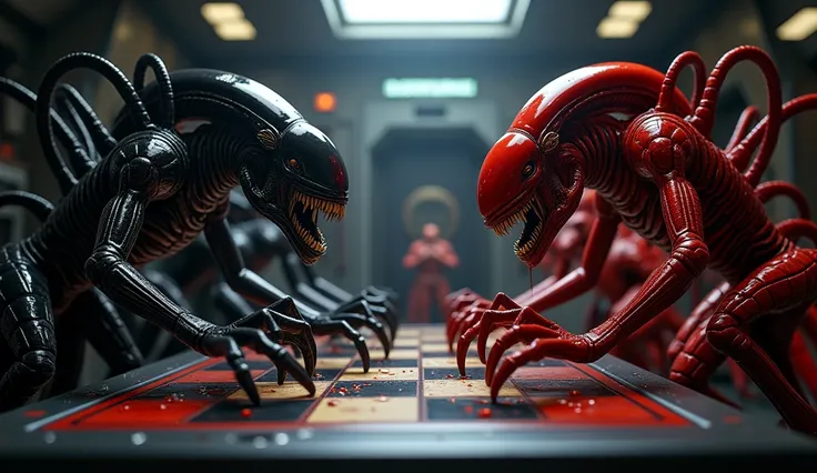 Xenomorph chess set, black pieces vs red pieces, acid blood dripping onto board, board is set up in a dark room on the spaceship Nostromo, art style of HR Giger