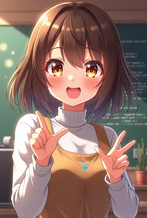 Java-chan anime waifu, beaming happy expression, sparkling amber eyes, victorious pose, radiant smile, steam effects glowing bright, coffee-brown hair bouncing energetically, white turtleneck with brown vest, Java logo gleaming, teaching pose with floating...