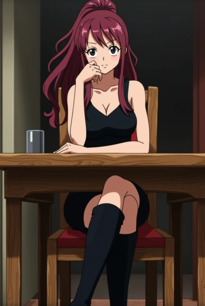 one piece (anime) screencap of a woman with dark maroon long wavy hair with ponytail, sharp eyes, long eyelashes. wearing a sleeveless black dress and long black boots. shes sitting in the wooden table with her arms and legs crossed. front profile view. To...