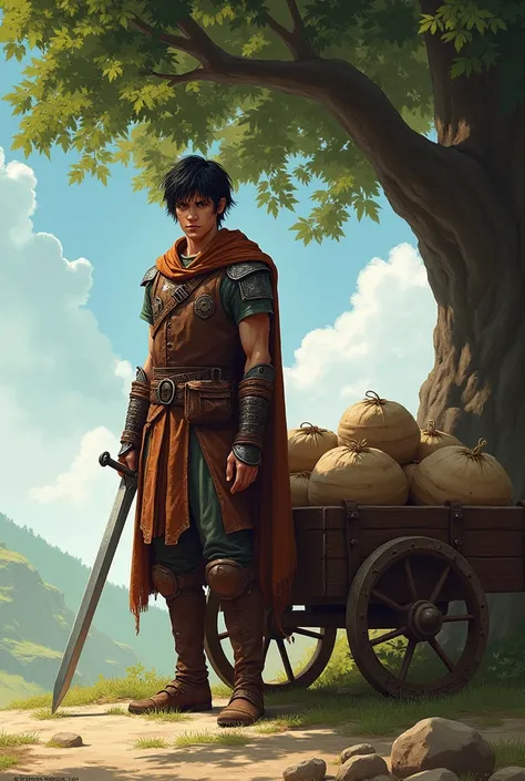   thin black-haired young man with a big nose and broken cheeks, With leather armor and sword on the side ,  stands next to a cart full of bags standing under a tree .