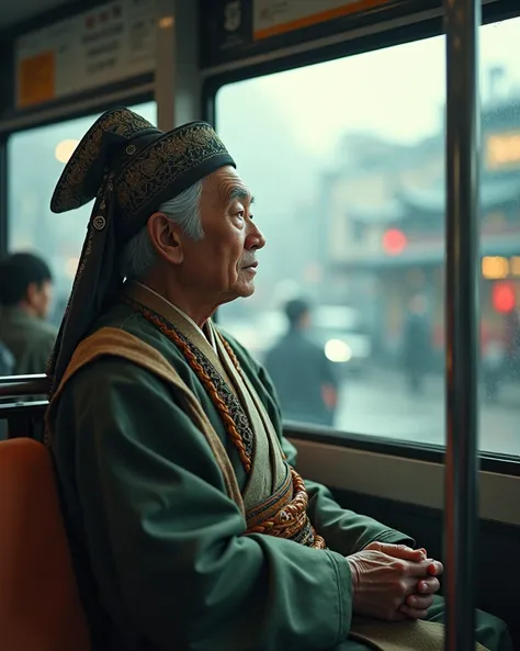 A serene and humble scholar in traditional attire sitting on a bus seat, gazing outside the window, with a peaceful demeanor.