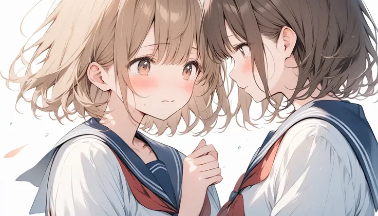   High Quality 　Sailor suit　 short hair　Brown Hair　 blush 　 lily illustration　Two people cry 　『 why did she pass away first...？』Im saying 