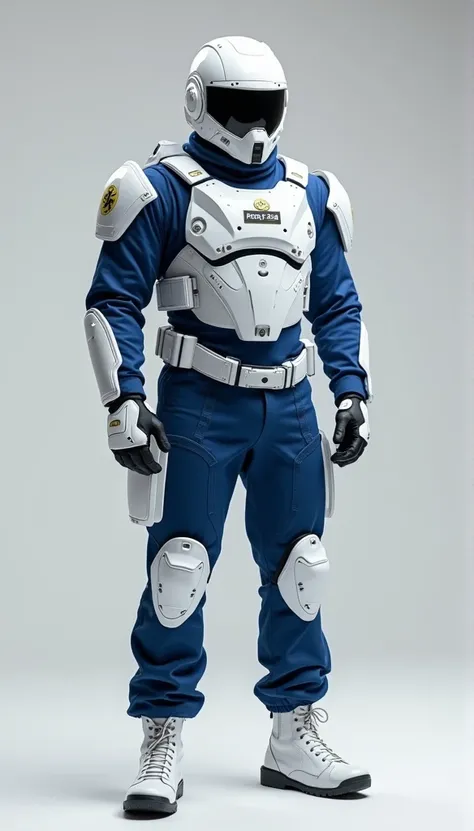 A soldier, standing at full height, dressed in a blue uniform, a white tactical vest, a white military helmet, in the style of 2014-2015,stands at full height,He wears blue pants with knee pads, white military boots and elbow pads and he has military gear....