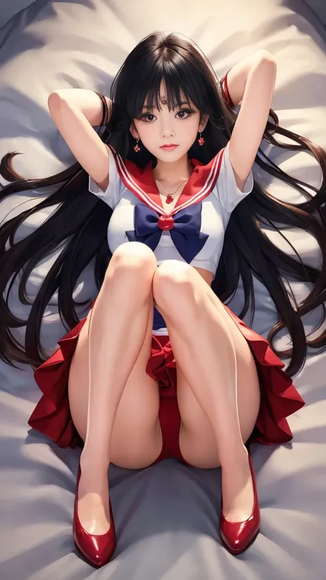 masterpiece, best quality, high resolution, 1 girl, solo, sailor warrior uniform, sailor mars, rei fireno, brunette girl, magical girl, black eyes, red skirt, , pleated skirt, bow, red sailor collar, mini skirt, necklace, red bow, red necklace, extra long ...