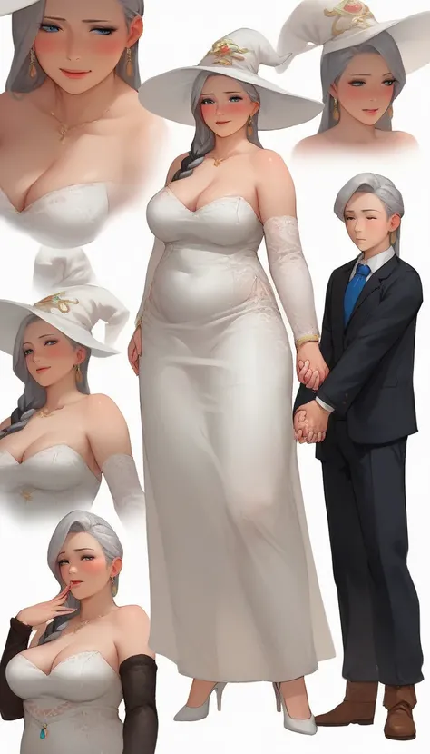 36 yo, (mature Sugar mommy), (anime mommy girl with silver flawless hair:1.5), (a white witch hat and mage revealing dress with plungin neckline a high thigh slit:1.2), high-heels, a mage with cold blue eyes, anime moe artstyle, waifu, exude radiance, (mat...