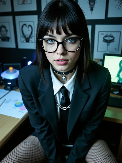 An extremely detailed hyper realistic photo with a cyberpunk gothic aesthetic depicting a figure portrayed by a young Cara Delevingne with visible black and white tattoos long straight black hair with bangs/fringe sharp facial features with defined lips in...