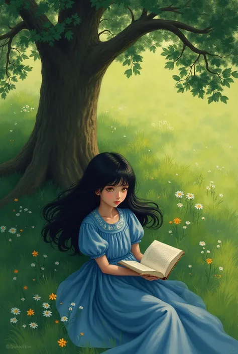 Painting taken from the top of a tree  ,  under a shady tree with green grass and colorful wildflowers ,  lying a girl in a beautiful blue dress and white skin of yellow eyes with a beautiful book in her arms 
Long black hair staring with dazzling face pai...