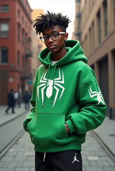 Play a black teenager in a green coat who has a white spider printed on his chest and wears black pants with Jordan shoes and wears prescription glasses 