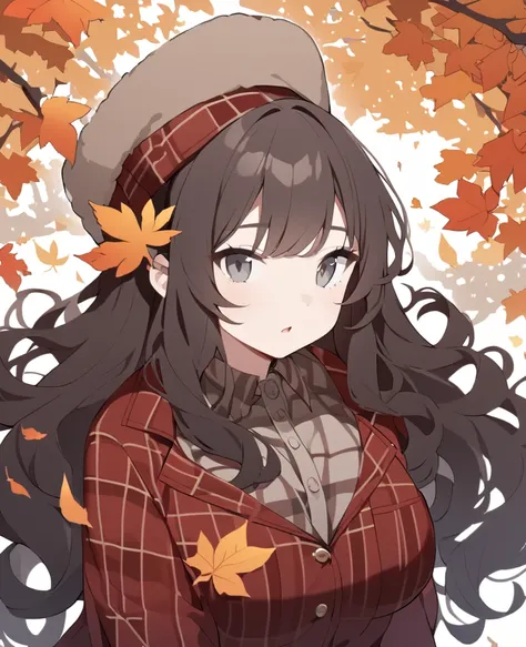 A young lady with fluffy and curly dark brown hair gray eyes big boobs and wolfs ears in a red wool jacket and hat with a brown plaid shirt out side with orange leaves falling from the trees