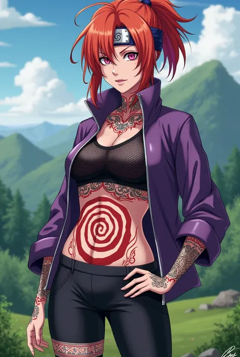 Naruto world,woman, ginger hair , pink eyes, red tattos, Sealing Spirall tattoo in belly, purple jacket top ,fishnet t-shirt, leggings, Hitai-ate