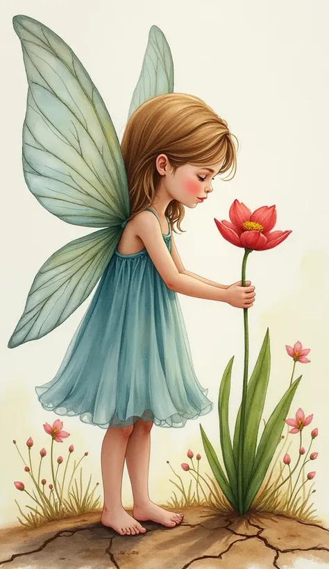 depict a  fairy girl with beautiful translucent wings she shows a 25 year old prince a beautiful flower that has blossomed on the cracked from lack of moisture earth. the picture is painted with watercolours in the wet-on-wet style