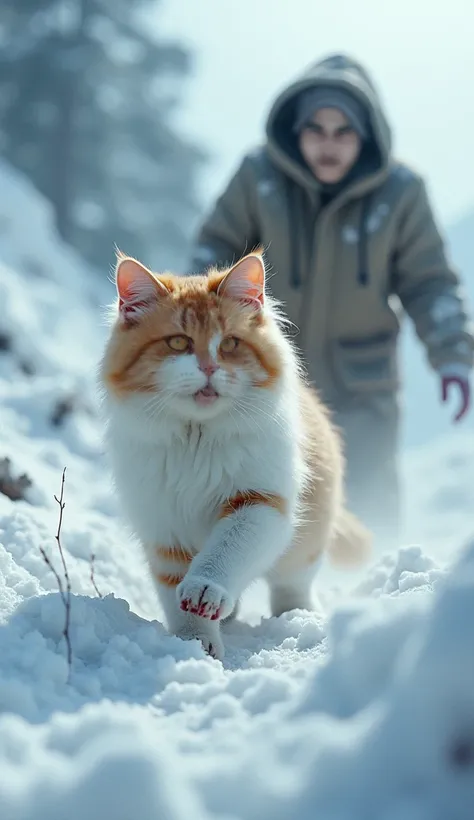 After surviving an avalanche, An adorable fluffy cat with soft fur, primarily white with light orange patches, with sparkling eyes stumbles upon a field of seemingly lifeless people buried in the snow. One of the bodies rises, revealing itself to be a zomb...