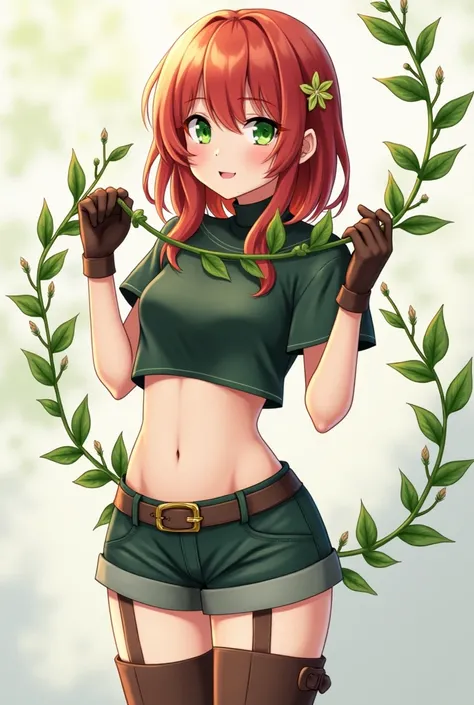 Anime-style character ,  20-year-old female female ,  slim build, 1.70m tall ,  reddish hair,  emerald green eyes ,  pale white skin ,  wears a dark green crop top and dark green shorts,  wears brown gloves and high boots ,  has some small flowers in her h...