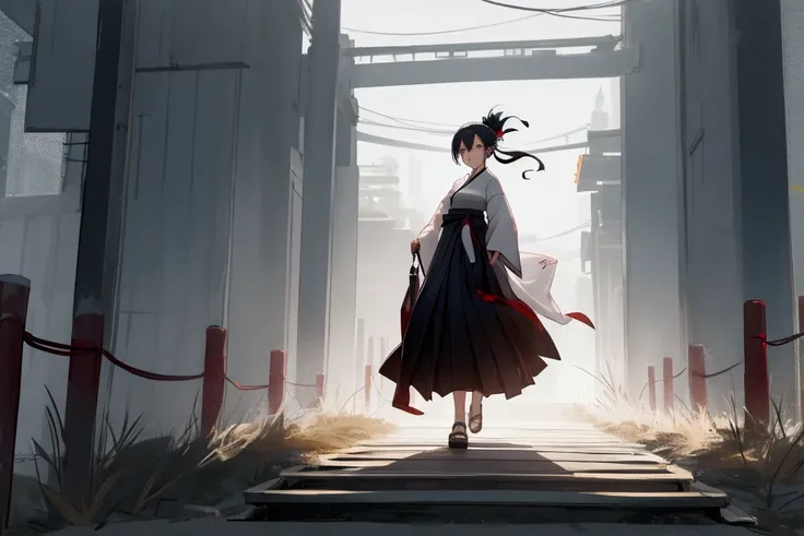 A woman wearing a hakama dress is walking forward along the path, standing far away. 