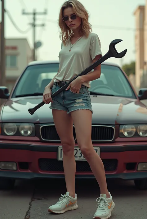 (((Transgender))) wearing pantyhose, shorts, t-shirt, sport shoes, standing near a car with a big wrench,