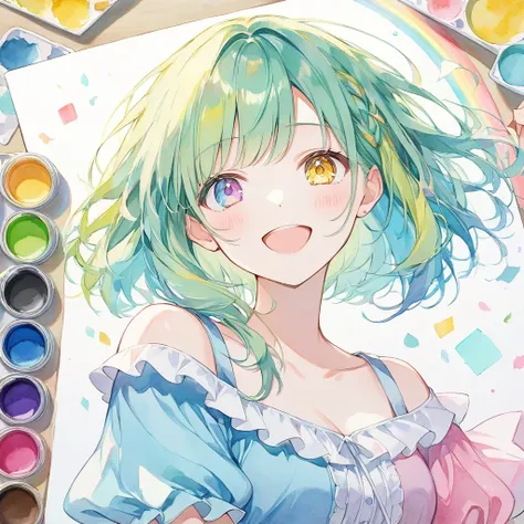 ((pastel、  Watercolor Style  ))、1 female, black off shoulder dress, Volume Sleeves ,smile , yellow-green hair ,diagonal,  rainbow heterochromia,(( yellow eyes)), Light Blue Eyes  ,Laughter,piece, happy,  Moderate Blur  , Strong vignette , soft colored illu...