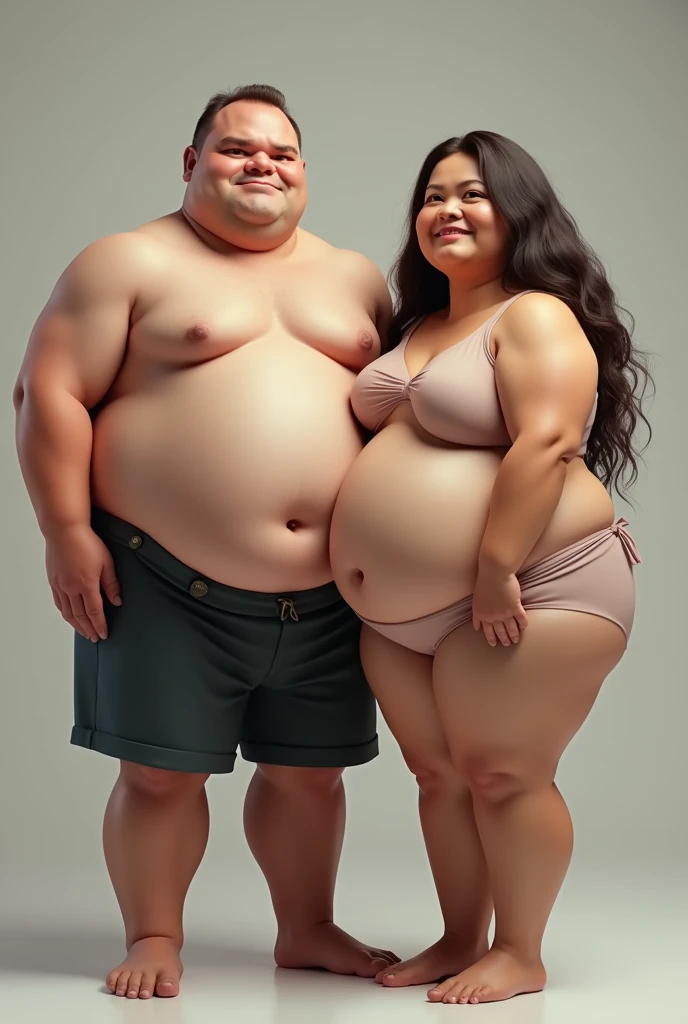 A real fat man with a fat woman with long hair 