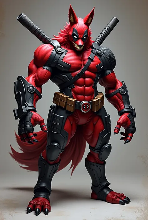 "create 32k Fox hybrid ""Deadfox"" muscular and massive hybrid creature resembling the fox, yet transformed by the chaotic and unpredictable power of Deadpool. Its sleek fur has been infused with a combination of red and black patterns, reminiscent of Dead...