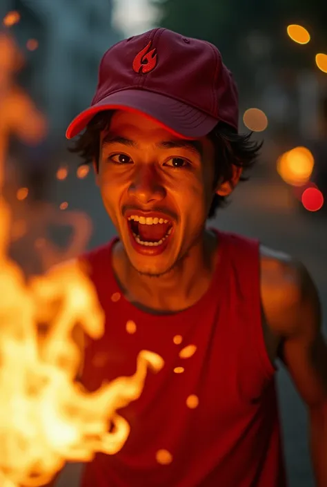 a man real teenage age . 19 Malaysia Indonesia.(orange eyes) Glowing eyes. Anger face. Open mouth. . wearing an (ruby red ) singlet, (ruby red) cap with small logo (flame) logo. anger face . Dramatic.ruby red singlet ,(ruby red)cargo pant,, detailed face, ...