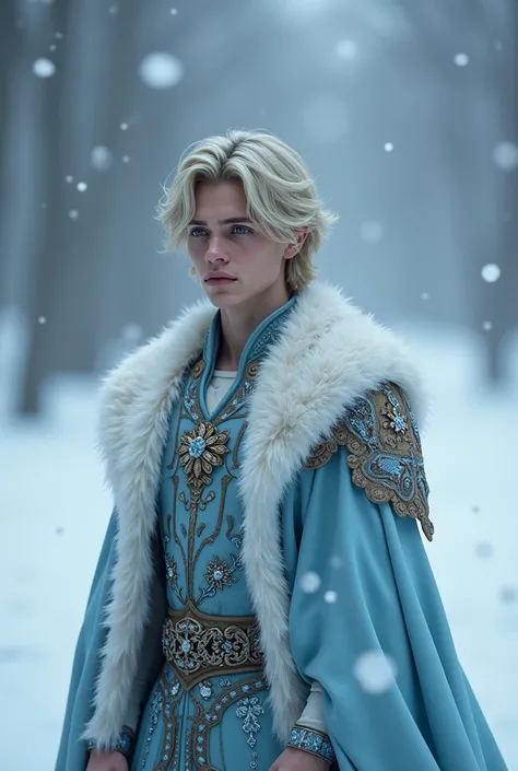 The male version of Elsa, a boy with a sad expression wearing royal attire in the snow 