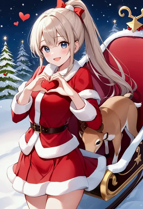    サンタクロース姿のミニスカートの世界一 beautiful美女、 big smile、Heart Hands、Pitiful、clear、 beautiful、 Brainy Pose、 ponytail、The most beautiful woman in the world in a miniskirt with a reindeer sleigh on her back 、 White Christmas