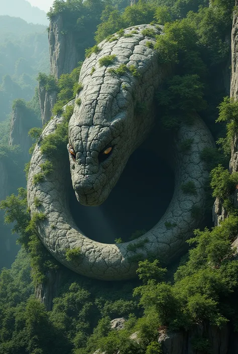 View of an ultra-realistic mountain similar to a Snake with no details of face and body but the rocks give the shape similar to a crouching snake buried by time with its face close to the ground, covered with trees and undergrowth aerial 