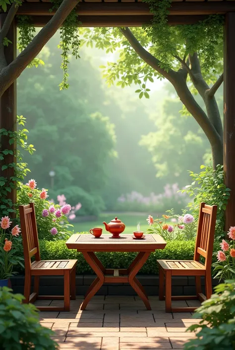 a tea table and chairs in the garden Vietnam style, have trees and flowers around