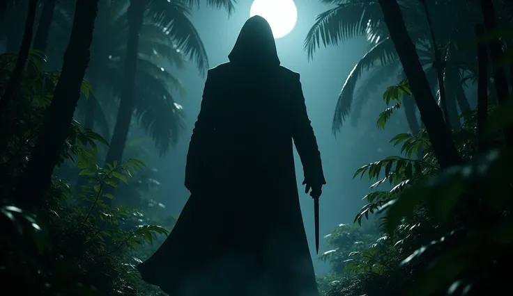 a man in a Black long coat with a knife in its hand in the jungle in the night 