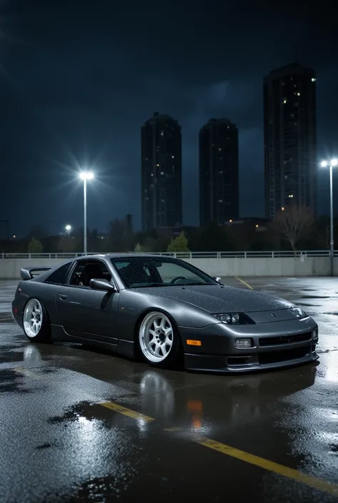 1992 grey Nissan 300ZX Z32 with white Volk Rays TE37 wheels, lowered. in a parking lot, skyscrapers in the background, after rain, night. 