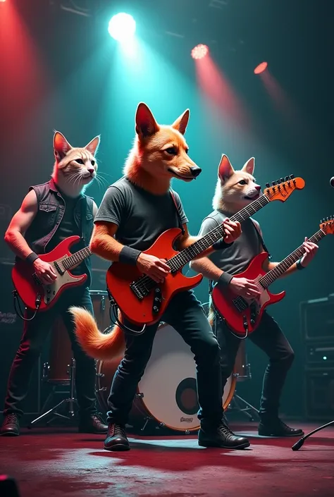 A rock band with a lead dog a cat on the guitar another dog on the drums 