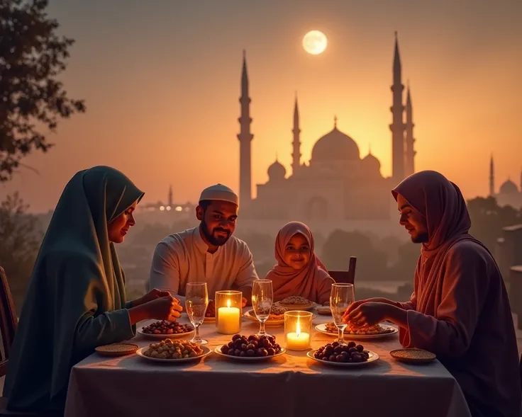 Create an image of a family preparing for Iftar, with a table set with dates, water, and other traditional Ramadan foods. The background should feature a warm evening sky with the moon visible, symbolizing the beginning of Iftar time. The atmosphere should...