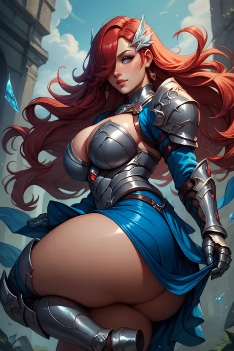 1 ,  Long hair, bangs covering one eye,  red hair,  Big breasts ,  big ass,  thick thighs , gray armor, blue skirt