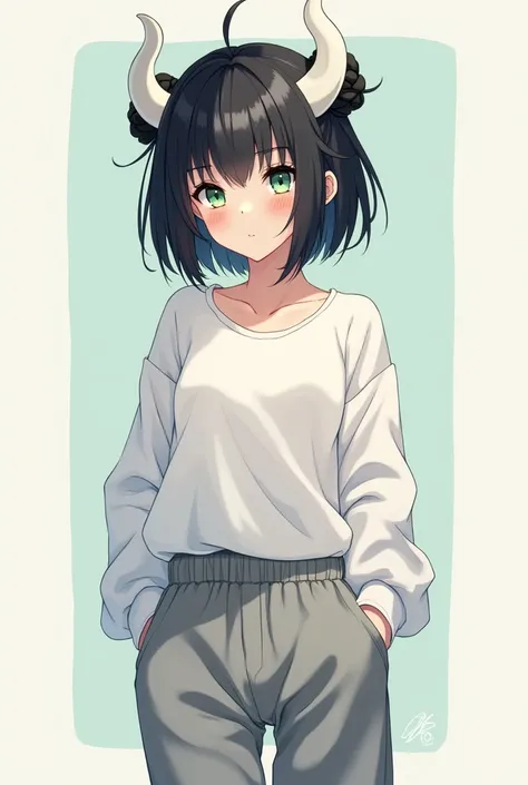 cool anime style ,  girl with short black hair with small rodettes, white minotaur horns ,  white top with gray pants and white sneakers, green eyes and blush 