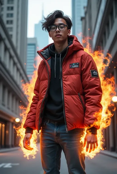 portrait, young man wearing glasses from Indonesia, hair sideways, wearing a skypunk jacket, jeans, sneakers, with flaming hands, in the middle of a city with tall buildings, realistic, UHD 64K, very dynamic, cool and complicated visual effects, very real,...