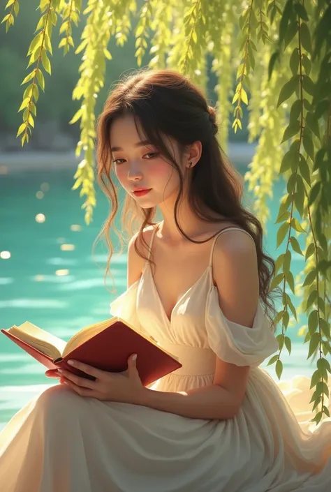 A girl reading a book by a lake, willow branches, vibrant colors, warm spring sunlight, photorealistic, masterpiece, highly detailed, 1girl, beautiful detailed eyes, beautiful detailed lips, extremely detailed face, long eyelashes, elegant dress, serene ex...