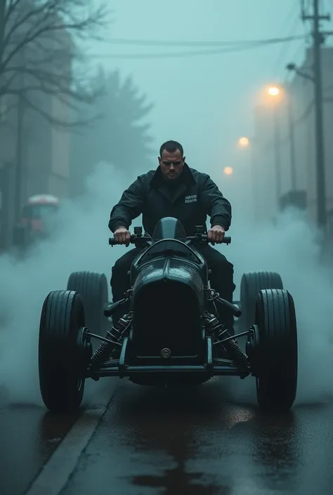 A muscular security guard drives his engine home in a foggy air after work engine black racing engine