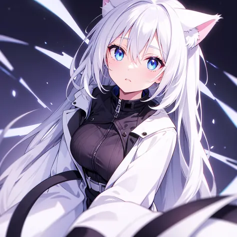  top quality , expressive eyes,  perfect face, White Hair,  black jacket , cat ears, Cat&#39;s Eyes,  yellow eyes,  long hair, huge breasts,  1 woman ,