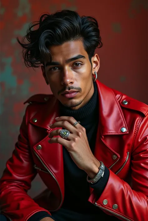  José is a very handsome dark young man with fair skin and a strong figure ,for the wavy cut:Light brown eyes : Green red and black clothing has a valuable object :  red poker cards  ) a foxy mangle toy mask and a red leather jacket and rings 